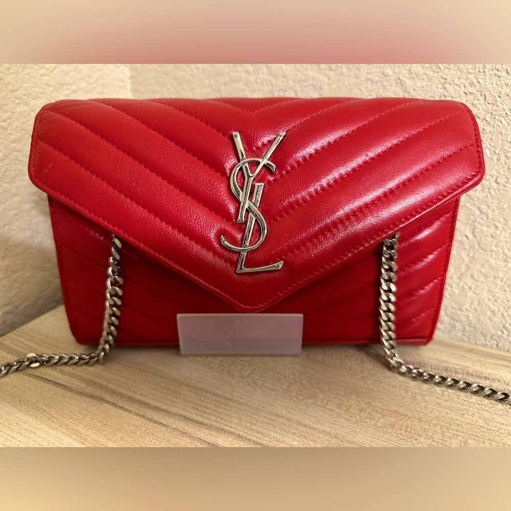 YSL red leather envelope clutch